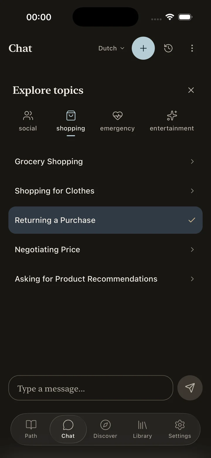 Kotoba conversation topic picker with social, shopping, emergency, and entertainment categories and everyday scenarios