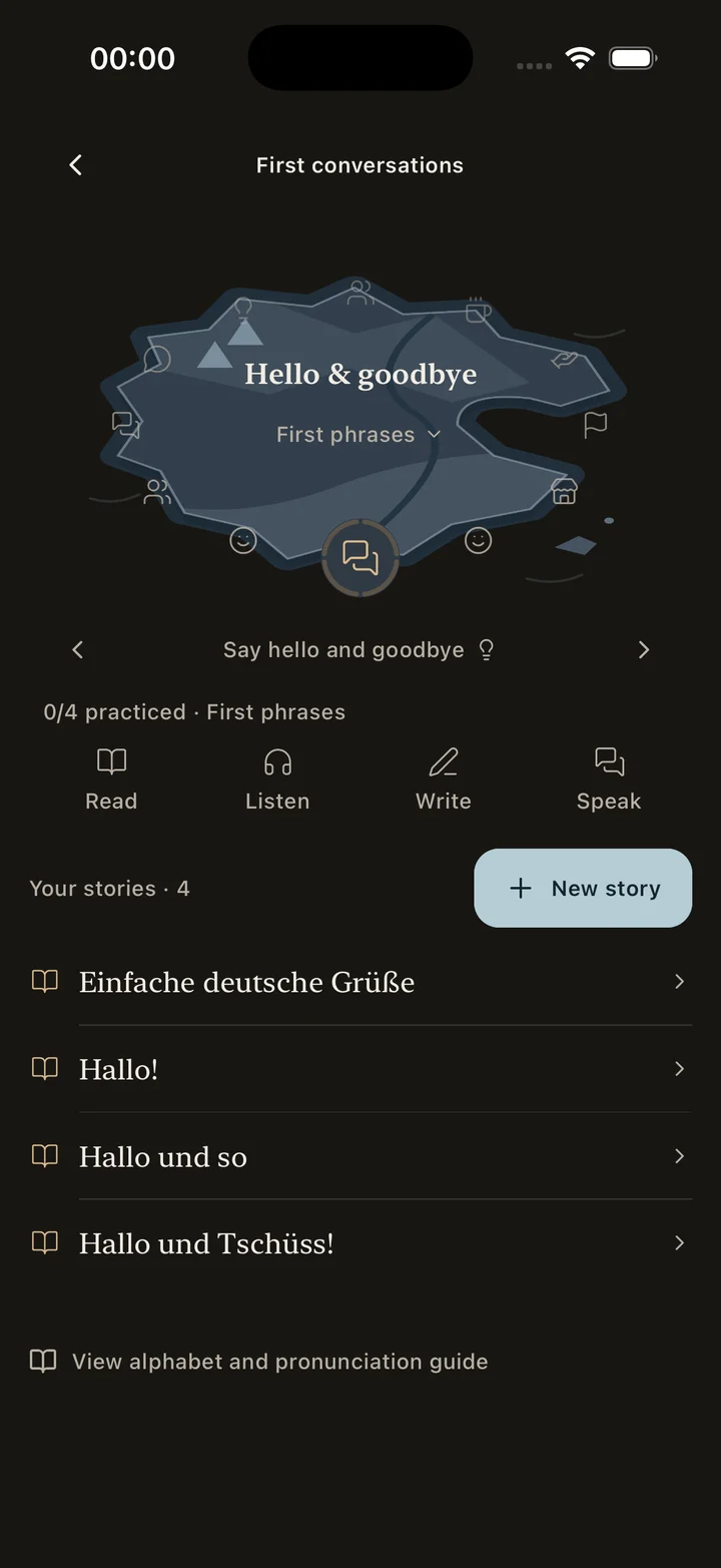 A First conversations island in Kotoba with four practice activities, saved German stories, and the New story button