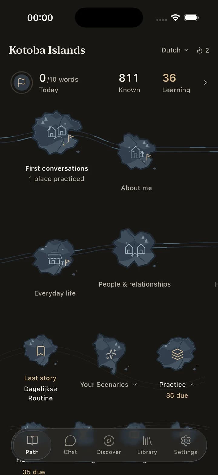 Kotoba’s Islands mode on iPhone: an illustrated map of First conversations, About me, Everyday life, and People and relationships, with vocabulary progress above