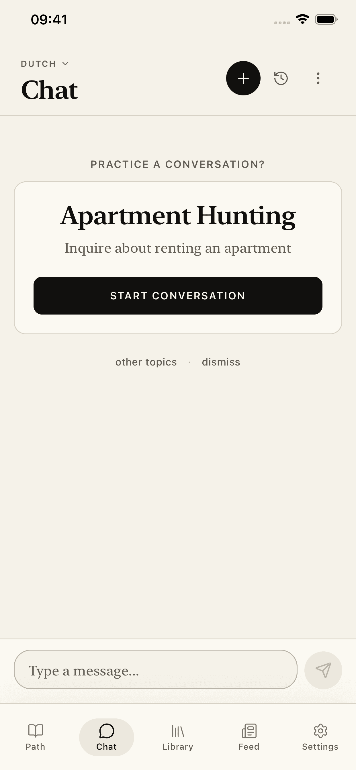 Kotoba AI language tutor offering a Dutch apartment-hunting conversation