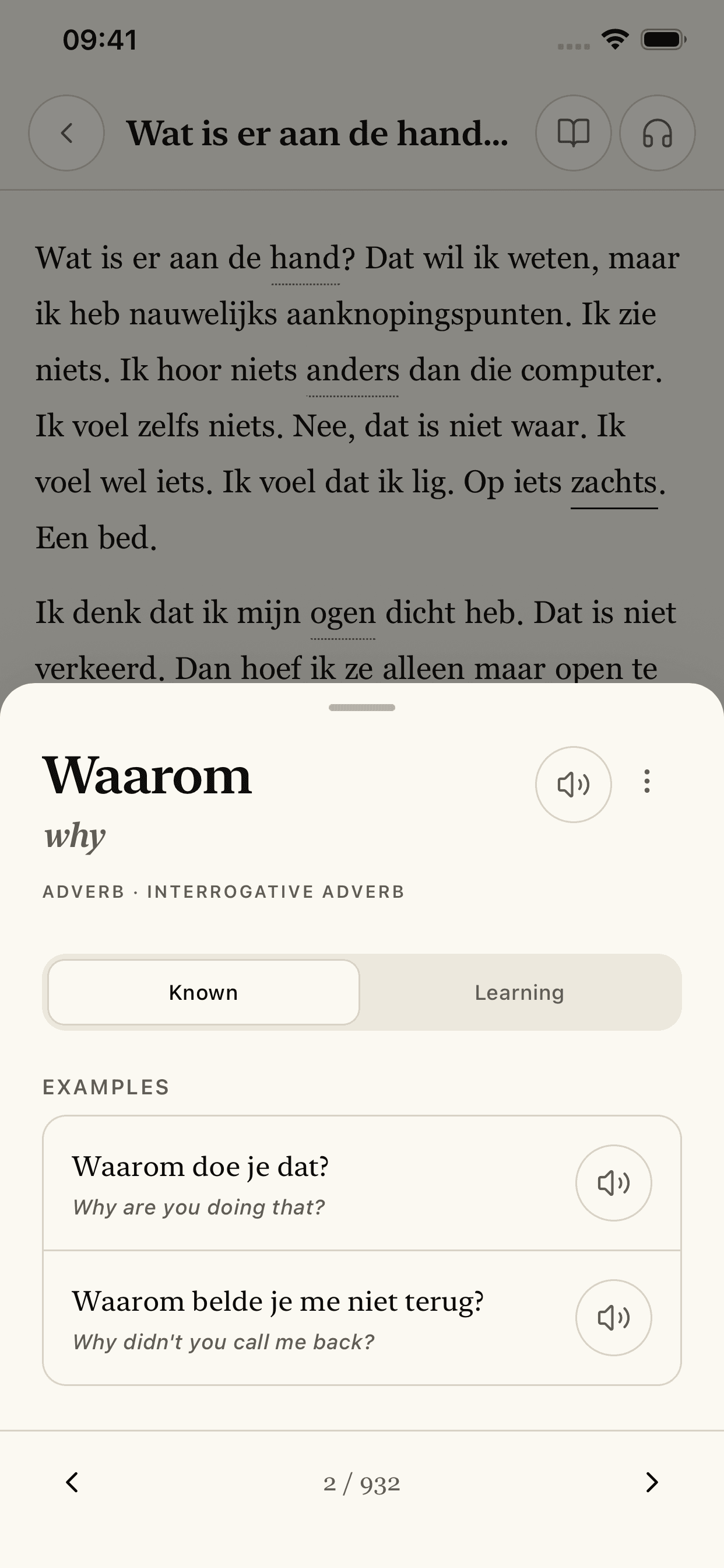 Kotoba iOS reader translating the tapped Dutch word Waarom into English with pronunciation and examples